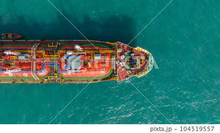 Aerial top view ship tanker gas LPG on the sea for transportation, Sea transportation of Liquefied Petroleum Gas LPG tanker to LPG terminal for gas loading. 104519557