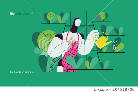 Bio Technology, Robot on farm -modern flat vector concept illustration of bio-robot engaged in agricultural activities. Metaphor of robotics and biotechnology integration, efficiency, sustainability Bio Technology, Robot on farm -modern flat vector concept illustration of bio-robot engaged in agricultural activities. Metaphor of robotics and biotechnology integration, efficiency, sustainability 104519706