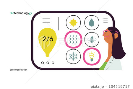 Bio Technology, Seed Modification -modern flat vector concept illustration of scientists choosing features for a seed, genetic modificated variants. Metaphor of direct impact of GMO on vegetation Bio Technology, Seed Modification -modern flat vector concept illustration of scientists choosing features for a seed, genetic modificated variants. Metaphor of direct impact of GMO on vegetation 104519717