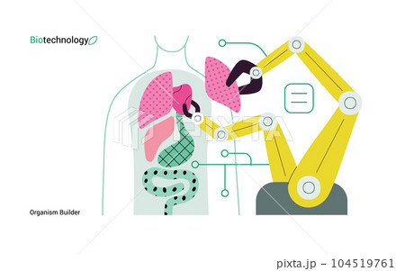 Bio Technology, Organism Builder -modern flat vector concept illustration of robot assembling organism using blocks, parts representing organ systems. Metaphor of regenerative medicine and 3D printing 104519761