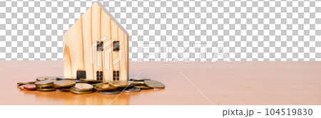 Money coin with wooden home model. 104519830