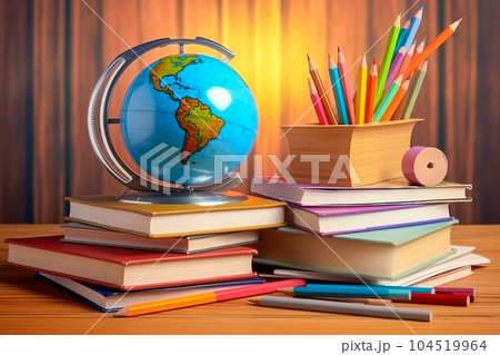 Globe and school supplies on the desk. The concept of school education. Generative AI 104519964
