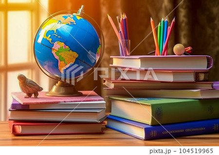 Globe and school supplies on the desk. The concept of school education. Generative AI 104519965