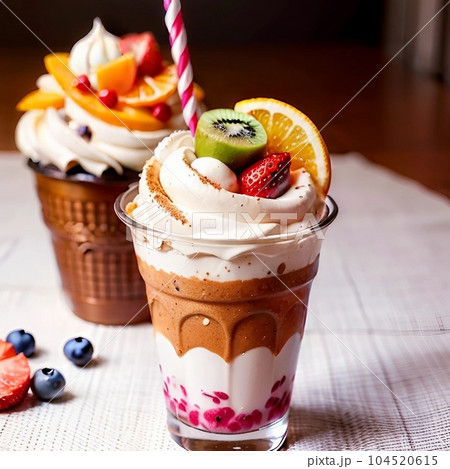 生クリームたっぷりのベリーとキウイとオレンジの甘いパフェ 104520615