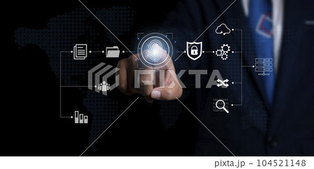 Fingerprint scanner futuristic digital processing of biometric identification. Fingerprint scanner futuristic digital processing of biometric identification. 104521148