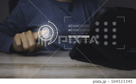 Fingerprint scanner futuristic digital processing of biometric identification. Fingerprint scanner futuristic digital processing of biometric identification. 104521345