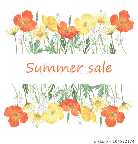 Bright banner of summer flowers hand-drawn in watercolor.  104522174