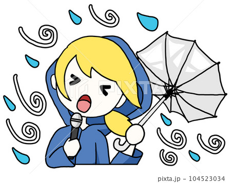暴風雨の中で報道を続けるレポーターのイラスト(白人女性) 暴風雨の中で報道を続けるレポーターのイラスト(白人女性) 104523034