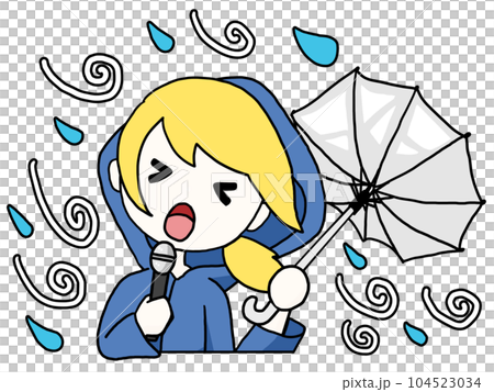 暴風雨の中で報道を続けるレポーターのイラスト(白人女性) 暴風雨の中で報道を続けるレポーターのイラスト(白人女性) 104523034