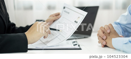 HR Manager talks to job applicants for job interviews about careers and Her personal history in the company. Employment and Recruitment concepts 104523304