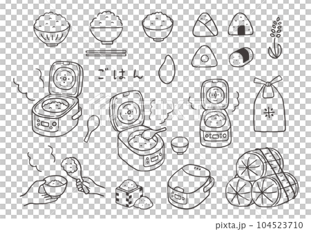 ごはんや炊飯器、お米の手描きイラストセット（モノクロ） 104523710