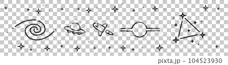 空間線描插圖圖標。星系、不明飛行物、火箭、黑洞、星座。 空間線描插圖圖標。星系、不明飛行物、火箭、黑洞、星座。 104523930