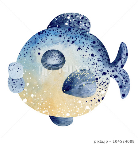 Watercolor illustration of a cartoon fish. Marine inhabitants of the underwater world. illustration isolated on white background. education, postcard, sticker, sublimation. Watercolor illustration of a cartoon fish. Marine inhabitants of the underwater world. illustration isolated on white background. education, postcard, sticker, sublimation. 104524089