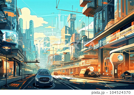 City of Tomorrow: A Futuristic Urban Landscape with Billboards 104524370