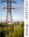 Transmission tower in the green field providing electricity supply for a town. Beautiful landscape with a pylon of a power line in the field among wild plants and grass 104525163