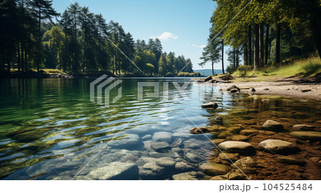 夏の森の湖の湖面から見た風景。水面には木々と空が映っている。水面の下には水草や岩についたコケも見える