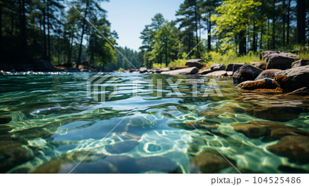 夏の森の湖の湖面から見た風景。水面には木々と空が映っている。水面の下には水草や岩についたコケも見える