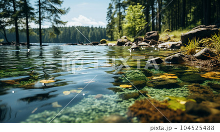夏の森の湖の湖面から見た風景。水面には木々と空が映っている。水面の下には水草や岩についたコケも見える