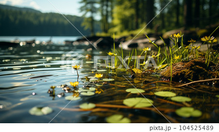夏の森の湖の湖面から見た風景。水面には木々と空が映っている。水面の下には水草や岩についたコケも見える