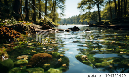 夏の森の湖の湖面から見た風景。水面には木々と空が映っている。水面の下には水草や岩についたコケも見える