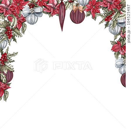 Christmas frame withred flowers and tree toys. Watercolor hand drawn illustration for invitations, greeting cards, prints, packaging and more. Merry christmas and happy new year. 104525497