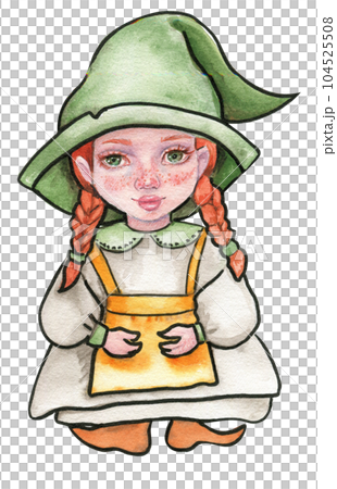 Little witch in hat. Watercolor hand drawn illustration. Can be used for halloween party or posters. 104525508