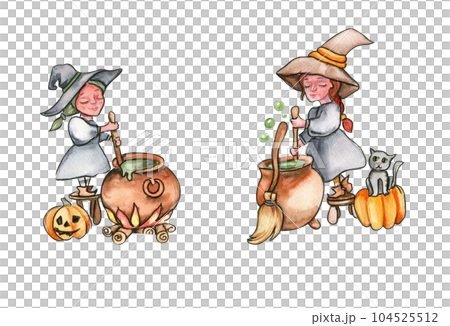 Little witch in hat. Watercolor hand drawn illustration. Can be used for halloween party or posters. 104525512