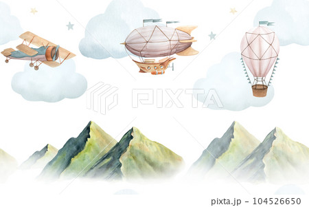 Seamless banner with watercolor illustration of picturesque green mountains and vintage plane, hot air balloon and airship with clouds isolated 104526650