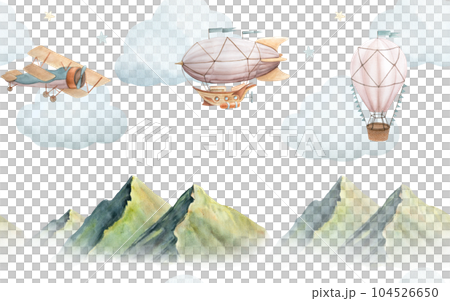 Seamless banner with watercolor illustration of picturesque green mountains and vintage plane, hot air balloon and airship with clouds isolated 104526650