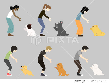 シンプルで可愛いお手をする小型犬と飼い主のイラスト　主線なし 104526788