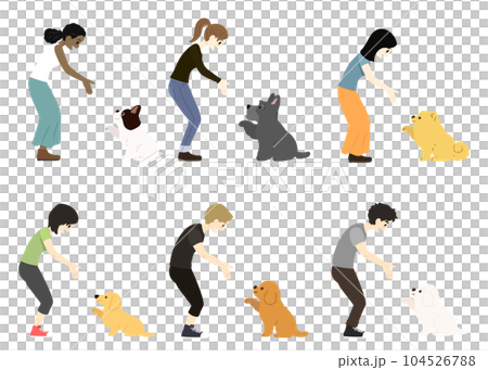 シンプルで可愛いお手をする小型犬と飼い主のイラスト　主線なし 104526788