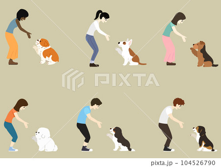 シンプルで可愛いお手をする中型犬と飼い主のイラスト　主線なし 104526790