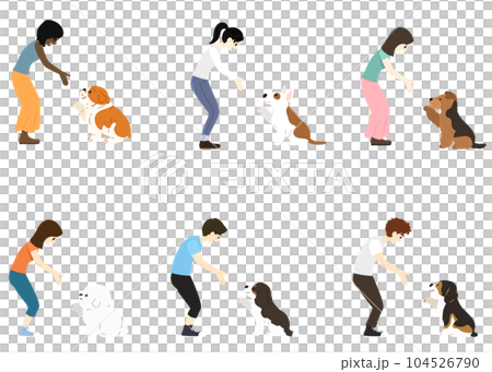 シンプルで可愛いお手をする中型犬と飼い主のイラスト　主線なし 104526790