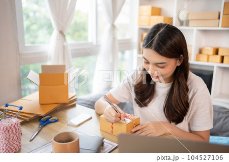 Woman Writing Customer Details for Shipping in Home Office, Packing Box and Writing Customer Information for Efficient Shipping, E-Commerce and Online Selling Concept. 104527106