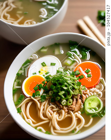 Realistic ramen soup cozy restaurant ambiance. Realistic ramen soup cozy restaurant ambiance. 104527417