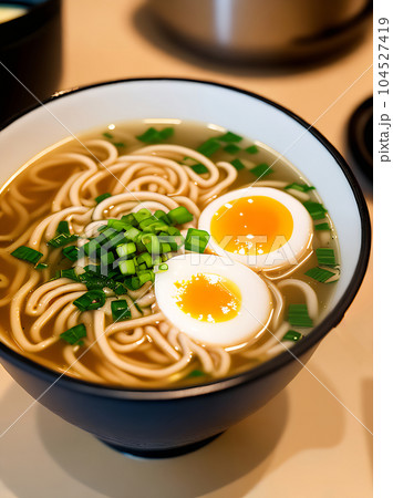 Realistic ramen soup cozy restaurant ambiance. Realistic ramen soup cozy restaurant ambiance. 104527419
