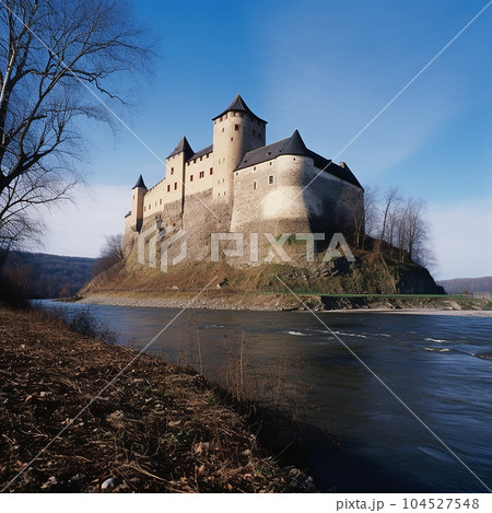 Ancient medieval stone castle with towers on banks of wide river against blue sky, beautiful landscape, Ancient medieval stone castle with towers on banks of wide river against blue sky, beautiful landscape, 104527548