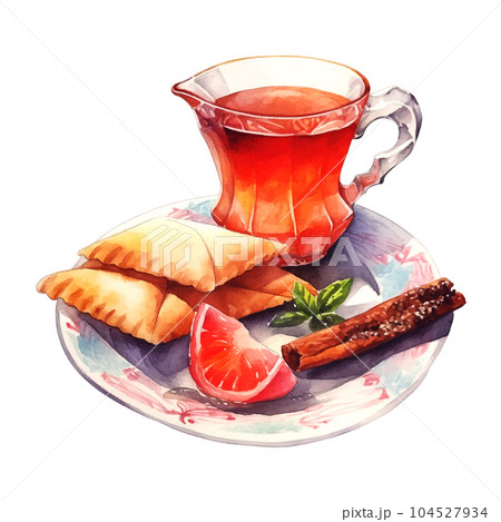 Vintage sketch with Turkish red tea glass mug watercolor Vector Isolated object. Vintage sketch with Turkish red tea glass mug watercolor Vector Isolated object. 104527934