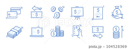 Money cash, coin business doodle icon set. Dollar coin, money profit doodle line sketch business inflation, cash payment. Financial profit, growth icon. Outline editable stroke. Vector 104528369