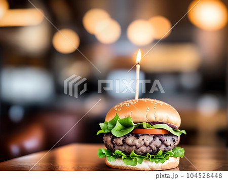 Detailed burger neutral cozy warm restaurant closeup 104528448