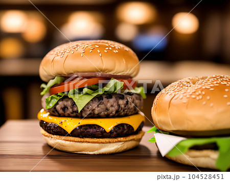 Detailed burger neutral cozy warm restaurant closeup 104528451