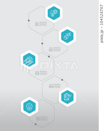 vertical round hexagon steps timeline infographic element report background with business line icon 5 steps 104528707