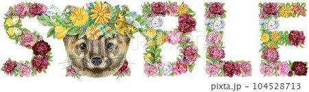 Word SABLE of watercolor peony flowers and butterflies Word SABLE of watercolor peony flowers and butterflies 104528713