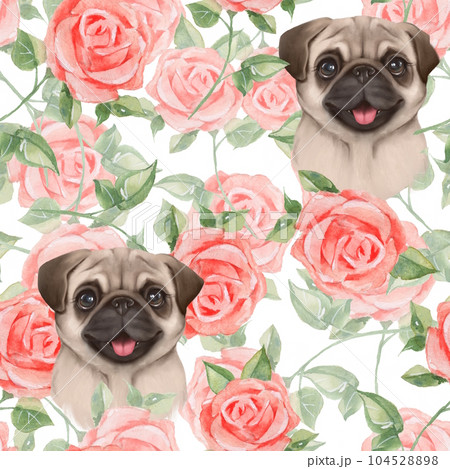 Seamless floral pattern with Pug Dog. Spring...のイラスト素材 [104528898] - PIXTA