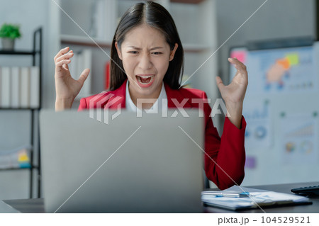 Portrait of business owner, woman using computer and financial statements Anxious expression on expanding the market to increase the ability to invest in business. Portrait of business owner, woman using computer and financial statements Anxious expression on expanding the market to increase the ability to invest in business. 104529521