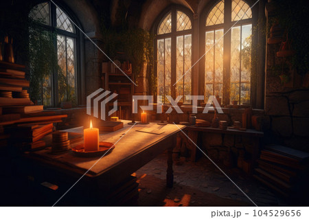 The interior of an old ancient room with books, candles and mysterious objects. Generative AI The interior of an old ancient room with books, candles and mysterious objects. Generative AI 104529656