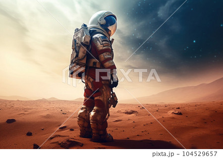 The astronaut in space suit walking on planet. Exploration of the planet's surface. Generative AI The astronaut in space suit walking on planet. Exploration of the planet's surface. Generative AI 104529657
