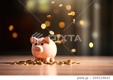 Piggy bank with falling coins on blurred background. Generative AI 104529683