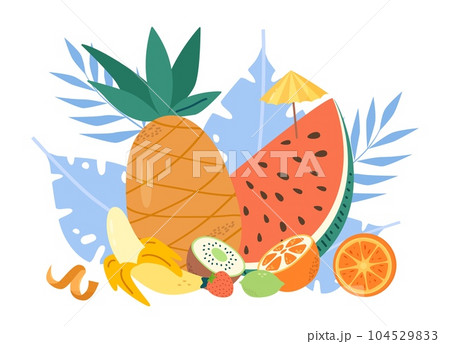 Tropical fruits composition. Summer juicy fruit concept, cartoon pineapple and watermelon, citrus and banana. Exotic fresh food vector elements 104529833