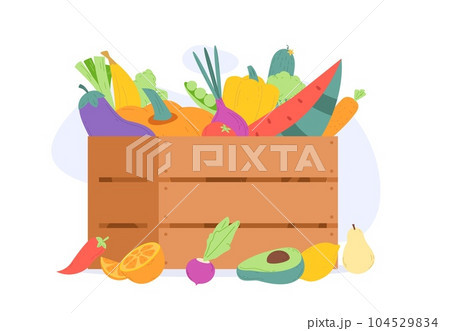 Fresh fruits and vegetables wooden box. Harvest time, healthy vegan food. Market or agriculture cartoon vector concept, avocado, pumpkin and greenery Fresh fruits and vegetables wooden box. Harvest time, healthy vegan food. Market or agriculture cartoon vector concept, avocado, pumpkin and greenery 104529834